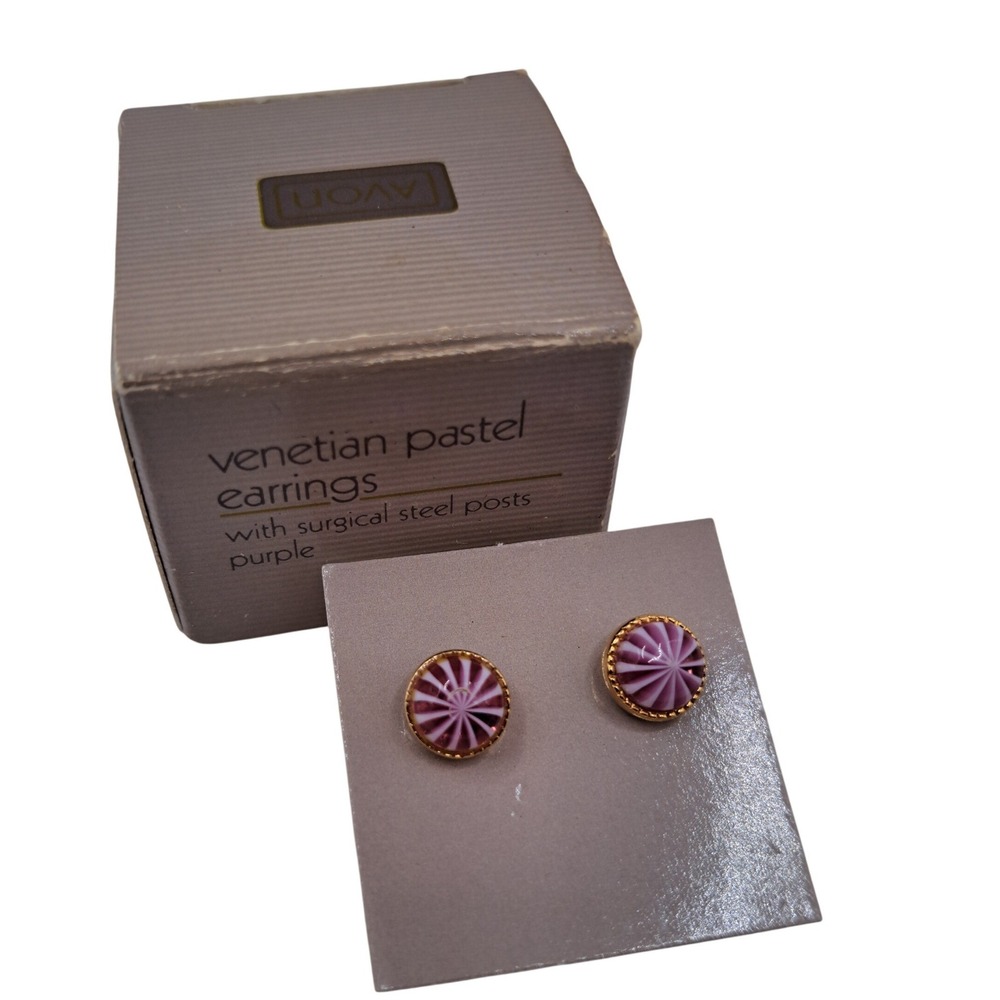 Avon Venetian Pastel Earrings Purple White Swirl Surgical Steel Posts Vintage